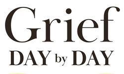 The image features the words Grief DAY by DAY in large, bold black text on a white background.
