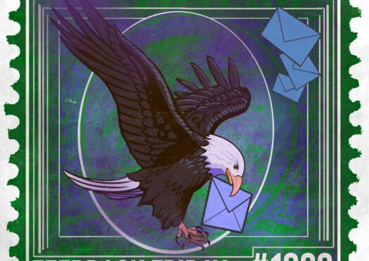 A postage stamp illustration shows a bald eagle carrying a blue envelope in its beak and three more envelopes flying above. The green border features “feedback friday #1262” at the bottom.
