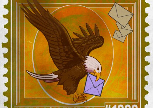 A stylized postage stamp features a bald eagle carrying a purple envelope in its beak, with three more envelopes flying nearby. “Feedback Friday #1266” is displayed at the bottom, set against an orange and green background.