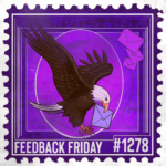 A stylized stamp showcases a bald eagle holding a blue envelope in its beak, with two purple envelopes flying above. Set against a purple background, the design features the text feedback friday #1278 at the bottom.