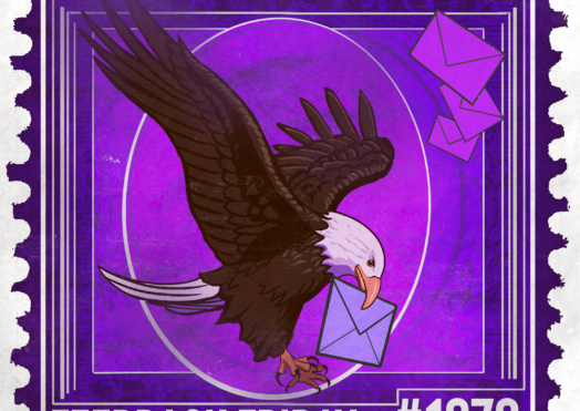 A stylized stamp showcases a bald eagle holding a blue envelope in its beak, with two purple envelopes flying above. Set against a purple background, the design features the text feedback friday #1278 at the bottom.