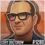 An illustrated portrait of Cory Doctorow (by Tadas Sidlauskas), a man with short hair and black glasses, appears on a geometric orange background. Text reads: The Jordan Harbinger Show, Cory Doctorow, #1280.