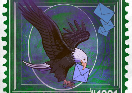 A postage stamp illustration of a bald eagle carrying a blue envelope in its beak, with three more blue envelopes nearby. The green stamp features "FEEDBACK FRIDAY #1281" at the bottom, highlighting the feedback friday theme.