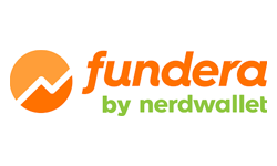 Logo with an orange circle featuring a stylized upward graph line, next to the words fundera in orange and by nerdwallet in green on a white background.