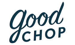 The Good Chop logo features the words good chop in a dark blue, cursive script on a white background.