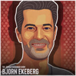 Illustrated portrait of a smiling man with dark hair and a beard on a red dotted background. Text at the bottom reads: The Jordan Harbinger Show Bjorn Ekeberg.