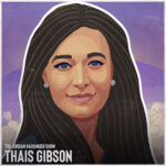 An illustrated portrait of a woman with long brown hair and blue eyes, set against a cloudy sky backdrop. Text reads: The Jordan Harbinger Show Thais Gibson.