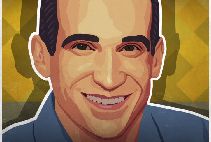 Illustrated portrait of a smiling man on a stylized yellow and green background. Text reads: The Jordan Harbinger Show, featuring Nir Eyal, and #1295 in the bottom corners.