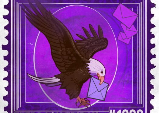 A stylized postage stamp for Feedback Friday features an eagle carrying a blue envelope in its beak, with three more envelopes nearby. Set against a purple background, the stamp reads FEEDBACK FRIDAY #1296 at the bottom.