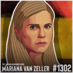A digital illustration of Mariana van Zeller, with long blonde hair and blue eyes, set against a geometric, colorful background. Text at the bottom reads: The Jordan Harbinger Show, Mariana Van Zeller #1302.