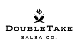 Logo for DoubleTake Salsa Co. featuring two crossed chili peppers with a flame above them, and the company name written below in bold, uppercase letters.