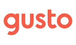 The image shows the word gusto in lowercase, bold, rounded, red-orange letters on a white background.