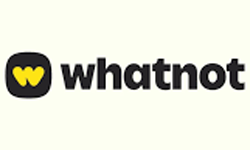 The Whatnot logo features a rounded black square with a yellow heart-like W icon, followed by the word whatnot in bold, black lowercase letters on a light background.