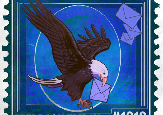 A postage stamp illustration of a bald eagle carrying a letter in its beak, with more envelopes flying nearby. The text "FEEDBACK FRIDAY #1310" stands out on the blue patterned background, celebrating another edition of Feedback Friday.