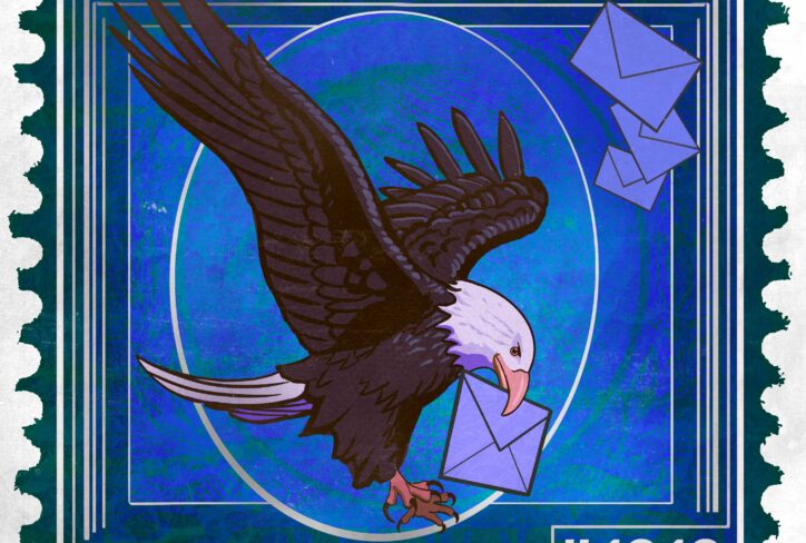A postage stamp illustration of a bald eagle carrying a letter in its beak, with more envelopes flying nearby. The text "FEEDBACK FRIDAY #1310" stands out on the blue patterned background, celebrating another edition of Feedback Friday.
