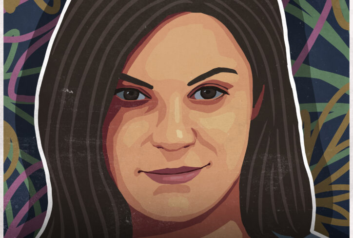A stylized illustrated portrait of Andrea Dunlop, a woman with dark hair and brown eyes, set against a colorful, abstract background. Text reads: The Jordan Harbinger Show, Andrea Dunlop, #1312.