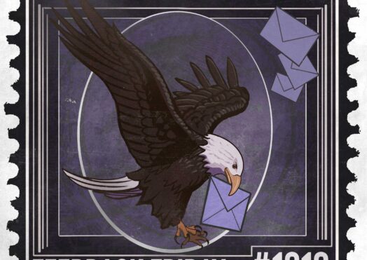 A stylized stamp illustration of a bald eagle holding a blue envelope in its beak, with more envelopes floating nearby. "FEEDBACK FRIDAY #1313" is boldly displayed at the bottom, capturing the spirit of feedback friday.