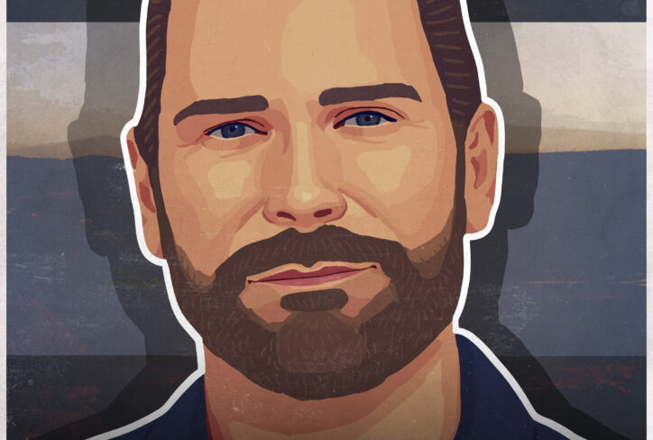 Illustrated portrait of Dr. Guillaume Dulude—a bearded man with short brown hair, blue eyes, and a slight smile. Text below reads: The Jordan Harbinger Show, Dr. Guillaume Dulude, #1318. Background features horizontal color bands.