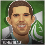 Illustrated portrait of a smiling man with short brown hair, set against a green and white background featuring a stylized leaf logo. Text at the bottom reads: The Jordan Harbinger Show, featuring Thomas Healy.