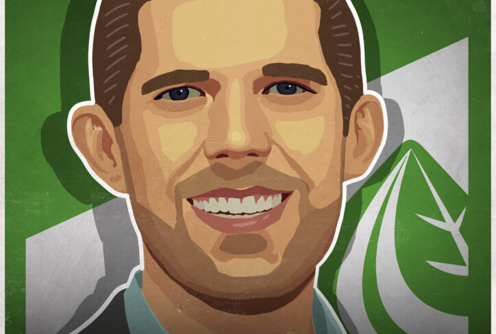 Illustrated portrait of a smiling man with short brown hair, set against a green and white background featuring a stylized leaf logo. Text at the bottom reads: The Jordan Harbinger Show, featuring Thomas Healy.