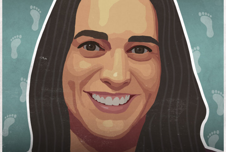 Illustrated portrait of a smiling woman with long dark hair on a teal background with footprints. Text at the bottom reads: The Jordan Harbinger Show Dr. Courtney Conley #1322, featuring Courtney Conley’s insights.
