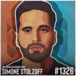 A stylized illustration of a mans face with short dark hair and a trimmed beard on a geometric multicolored background. Text reads: The Jordan Harbinger Show, Simone Stolzoff, #1326.