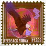 A stylized stamp showcases a bald eagle carrying a purple envelope in its beak, with more envelopes flying nearby. The stamp proudly marks Feedback Friday #1328 at the bottom, set against a pink and brown background.
