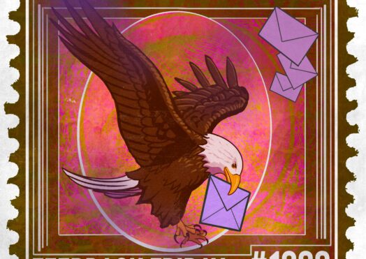 A stylized stamp showcases a bald eagle carrying a purple envelope in its beak, with more envelopes flying nearby. The stamp proudly marks Feedback Friday #1328 at the bottom, set against a pink and brown background.