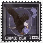 A postage stamp-style illustration of a bald eagle flying with a blue envelope in its beak. Three more envelopes float above its wing. "FEEDBACK FRIDAY #1335" is boldly displayed, highlighting the spirit of Feedback Friday.