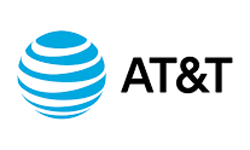 AT&T logo featuring a blue and white globe made of curved lines to the left of the bold black letters AT&T on a white background.