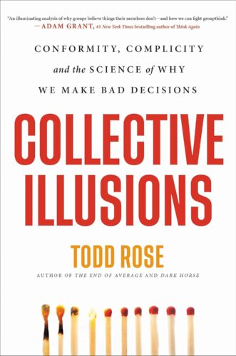 Book cover of Collective Illusions by Todd Rose. The title is in large red letters. The subtitle discusses conformity, complicity, and bad decisions. There are matchsticks at the bottom, some burnt, against a white background.
