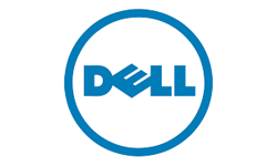 The image shows the Dell logo with the word DELL in blue, using a stylized tilted E, and enclosed within a blue circle on a white background.