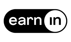 Black and white logo with the word earn in lowercase letters, where the letter a is formed by a solid black circle overlapping a white circle containing the lowercase letters in.