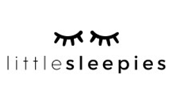 Logo for Little Sleepies featuring a pair of closed eyes with long lashes above the brand name in lowercase letters. The design is simple and minimalist, using black on a white background.
