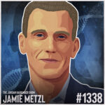 Stylized illustration of a man with short hair and a neutral expression on a blue patterned background. Text reads: The Jordan Harbinger Show, featuring Jamie Metzl, and #1338. DNA helix graphics appear in the background.