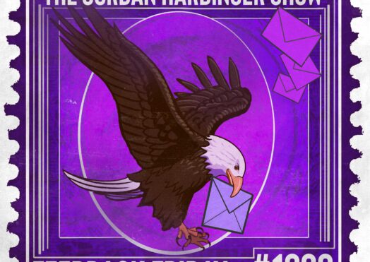 A purple postage stamp illustration featuring a bald eagle carrying a blue envelope in its beak, with two more envelopes above. "The Jordan Harbinger Show," “Feedback Friday,” and “#1339” text highlights the Feedback Friday theme.
