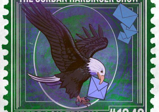 An illustrated postage stamp features a bald eagle carrying a blue envelope in its beak, with two more envelopes above it. "The Jordan Harbinger Show," "Feedback Friday," and "#1343" are set against a vibrant green background.