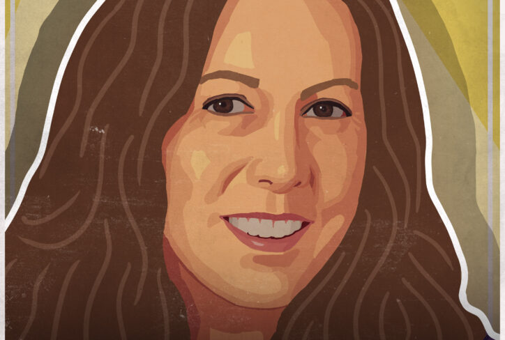 Digital illustration of Valerie Fridland with long brown hair smiling. Text reads: The Jordan Harbinger Show, Valerie Fridland, and #1349 on a geometric yellow and gray background.