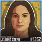 Illustrated portrait of a woman with long brown hair on a yellow background with circuit patterns. Text reads: The Jordan Harbinger Show, Joanna Stern, and #1352.