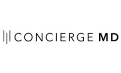 The image shows the text CONCIERGE MD in capital letters with thin, modern font. To the left of the text are three vertical lines of varying heights. The background is white.