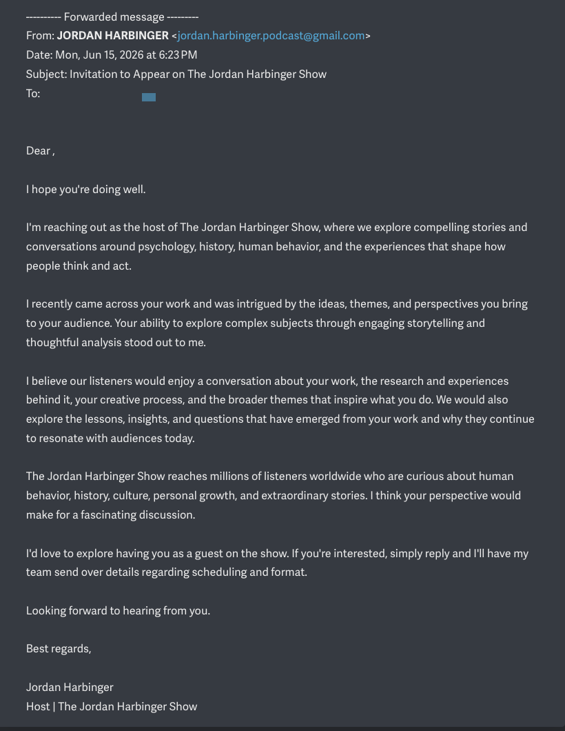 Screenshot of a fraudulent guest invitation email sent from jordan.harbinger.podcast@gmail.com impersonating Jordan Harbinger.
