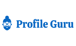 Logo for Profile Guru featuring blue text and a blue graphic of a bearded face with glasses and hair in a bun on the left side, all on a white background.