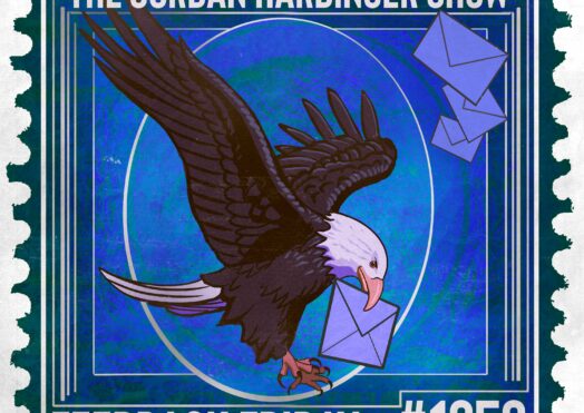 An illustrated stamp features a bald eagle holding an envelope in its beak and flying with three more envelopes nearby. Text reads The Jordan Harbinger Show, Feedback Friday, and #1353 on a blue background—perfect for Feedback Friday fans.