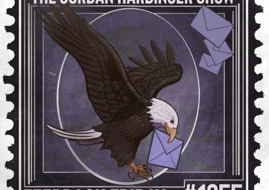 A stamp-style graphic shows an eagle carrying a blue envelope in its beak, with more envelopes flying nearby. Text reads The Jordan Harbinger Show, Feedback Friday, and #1355—capturing the spirit of Feedback Friday in bold, dynamic style.