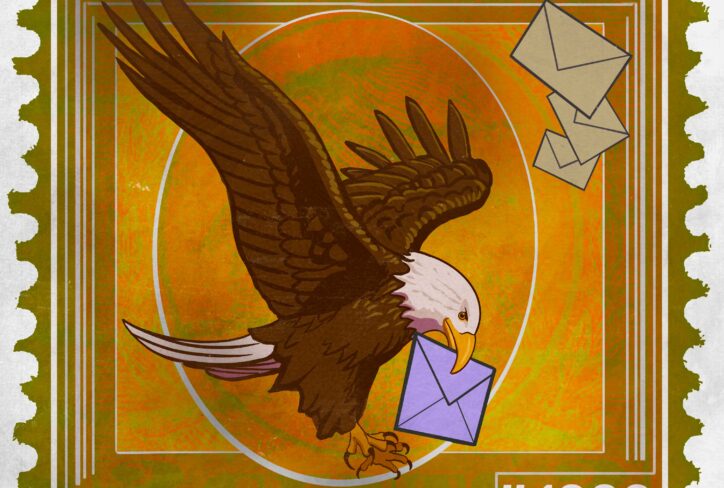 An illustrated eagle holds a purple envelope in its beak, soaring past floating envelopes. Text reads: The Jordan Harbinger Show, Feedback Friday, #1363. The design resembles a postage stamp and captures the lively spirit of Feedback Friday.