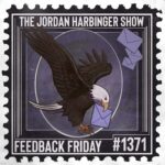 A bald eagle holds a blue envelope in its beak while flying; three more envelopes are above. Text reads: The Jordan Harbinger Show Feedback Friday #1371. Image resembles a postage stamp, capturing the spirit of Feedback Friday in dynamic, postal-inspired style.