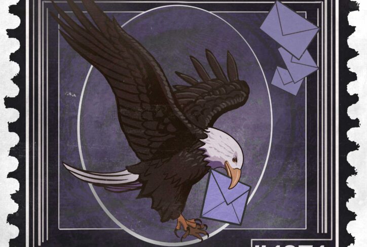 A bald eagle holds a blue envelope in its beak while flying; three more envelopes are above. Text reads: The Jordan Harbinger Show Feedback Friday #1371. Image resembles a postage stamp, capturing the spirit of Feedback Friday in dynamic, postal-inspired style.