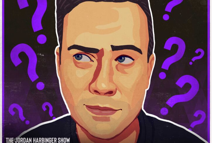 Illustration of a man with a skeptical expression, surrounded by large purple question marks. Text reads: The Jordan Harbinger Show, Skeptical Sunday: Milk, #1372. Perfect for highlighting the thought-provoking spirit of Skeptical Sunday.