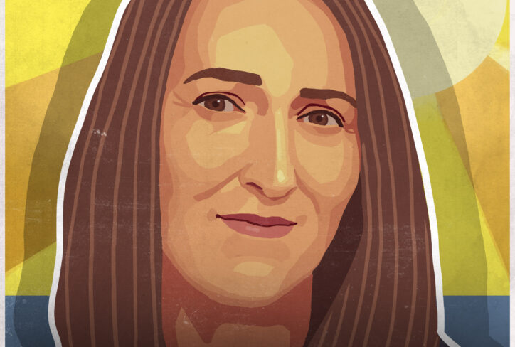 Illustrated portrait of a woman with long brown hair, set against a yellow and blue abstract background. Text reads: The Jordan Harbinger Show, featuring Sonja Lyubomirsky #1373.