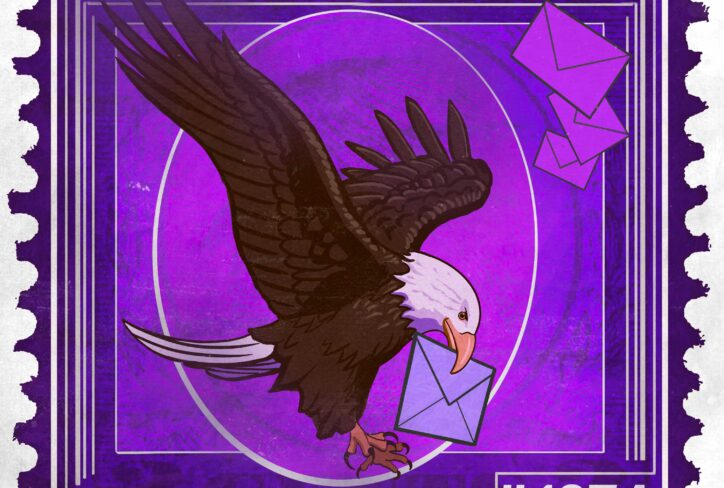 A postage stamp illustration features a bald eagle carrying an envelope, with purple letters flying. Bold text reads The Jordan Harbinger Show, Feedback Friday, and #1374 on a vibrant purple background—perfectly capturing the spirit of Feedback Friday.